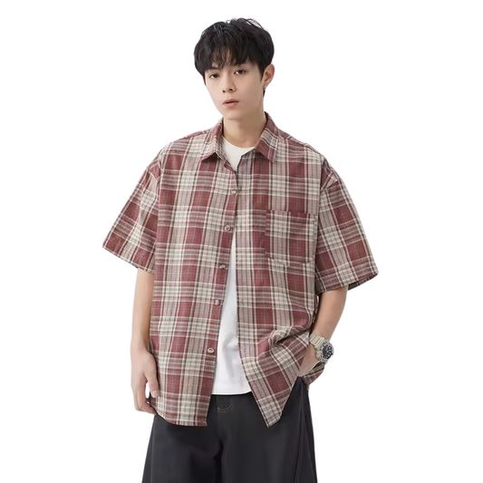 Burgundy Plaid Short-Sleeve Shirt